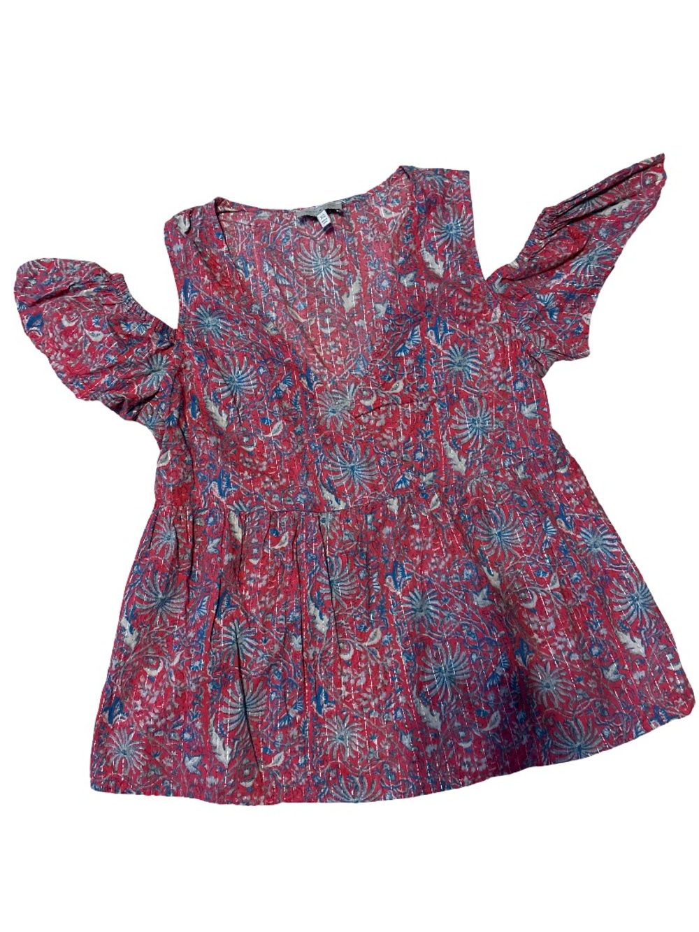 Lucky Brand Pink and Blue Floral Cold-Shoulder Peplum Tunic